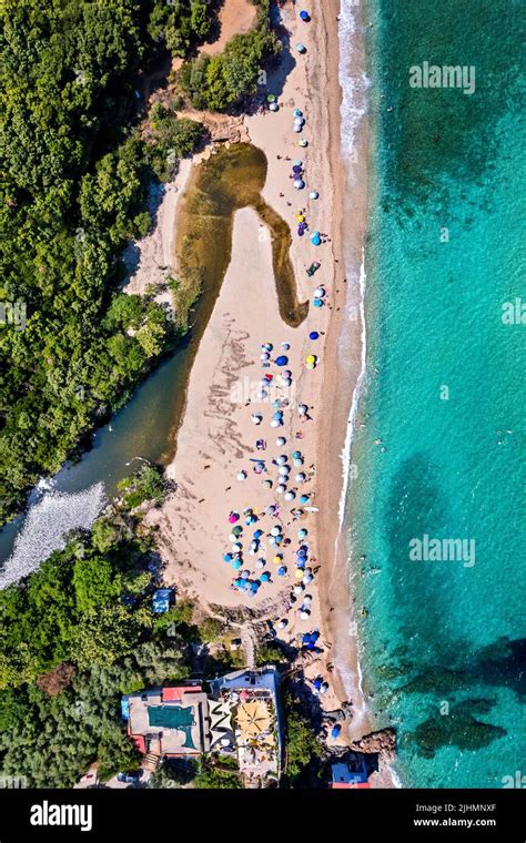 Aerial view (drone) of Rakopotamos beach (municipality of Agia), one of ...