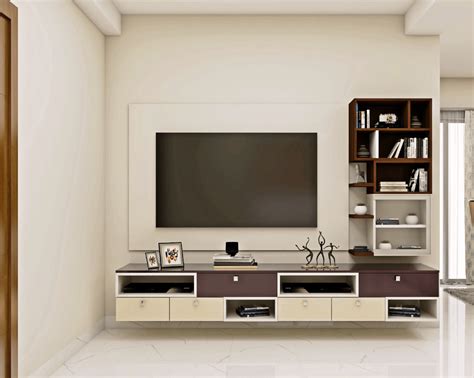 Spacious TV Unit Design In Maroon And Beige Livspace