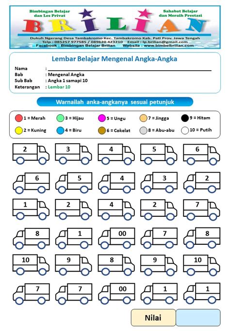 Lembar Kerja Mengenal Angka 1 Sampai 10 Dengan Mewarnai Paud Tk Bimbel Brilian