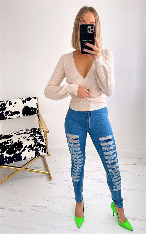 Clara Distressed High Waisted Jeans In Stone Wash Ikrush