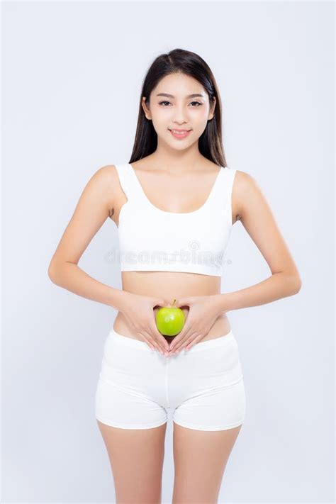 Beautiful Portrait Asian Woman Smiling Holding Green Apple Fruit And