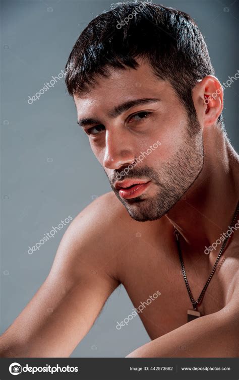 Body Shot Attractive Shirtless Male Model Posing Wooden Chair Stock