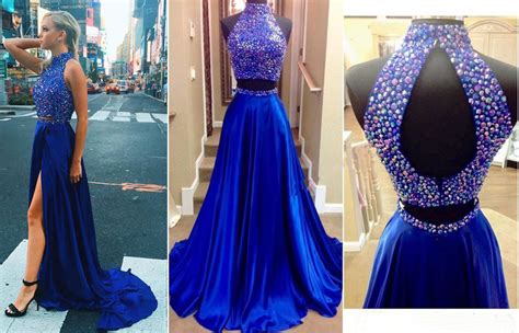 Two Piece Royal Blue Prom Dress Long Prom Dress With Side Slit 2017