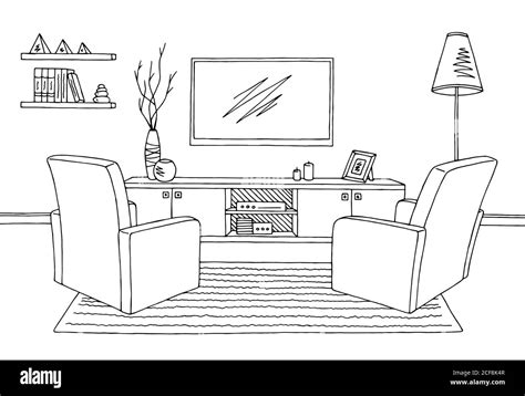 Living room graphic black white interior sketch illustration vector ...