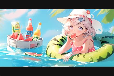 Premium AI Image | anime girl in a pink swimsuit and hat sitting on a ...