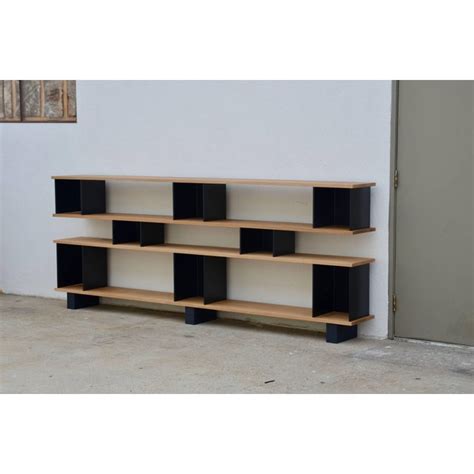 Design Frères Low Horizontal Matte Black And Polished Oak Shelving Unit Chairish