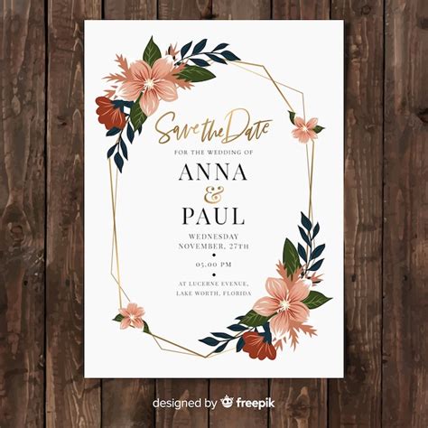 Plantilla de tarjeta de boda floral en diseño plano Vector Gratis