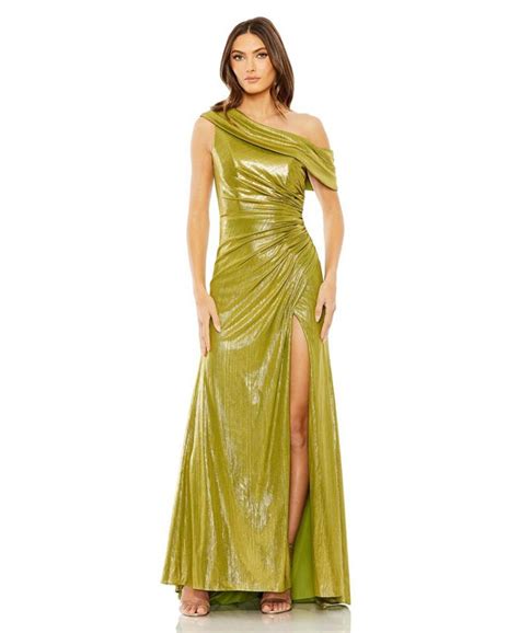 Mac Duggal Womens Ieena One Shoulder Ruched Waist Slit Metallic Gown