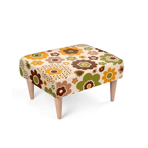 Retro Footstool Funky 70s Flowers Pattern Brown Orange Dana Du Design