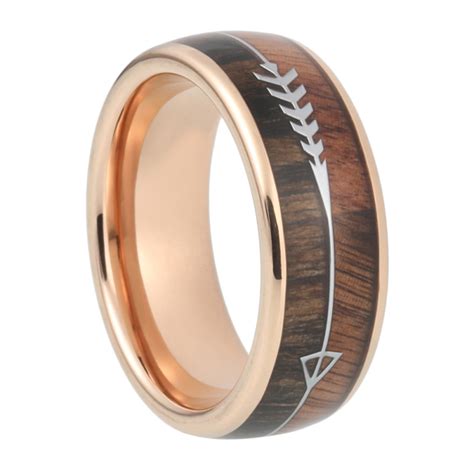 8 mm Tungsten Rings - Arrow Design with KOA/Zebra Wood Inlay and Rose ...