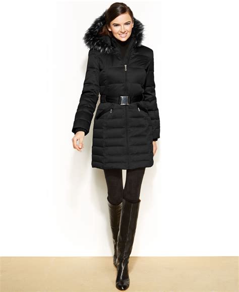 Lyst Dkny Hooded Faux Fur Trim Belted Down Puffer Coat In Black