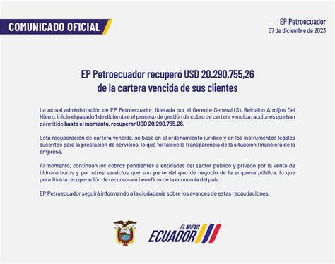 EP Petroecuador recuperó USD 20.290.755,26 de la cartera vencida de sus