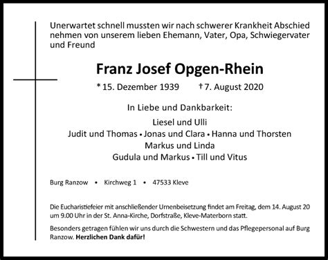 Alle Traueranzeigen F R Franz Josef Opgen Rhein Trauer Rp Online De