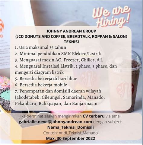 Lowongan Kerja Teknisi Di Jco Donuts And Coffee Breadtalk Roppan