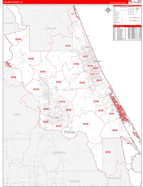 Volusia County Fl Zip Code Wall Map Red Line Style By Marketmaps Mapsales