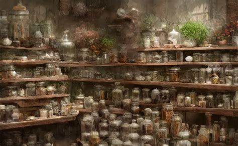 An Herbalist Shop Adobe Wall Simple Wood Shelves Stable Diffusion