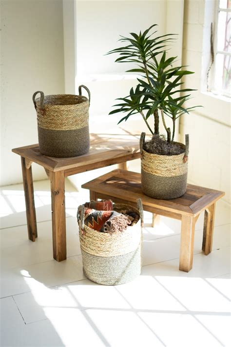 Kalalou Set 3 Woven Round Seagrass Baskets With Brown Base And Handles Cch1175