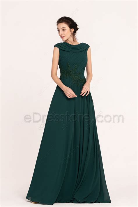 Dark Green Modest Bridesmaid Dresses Cowl Neck EDresstore