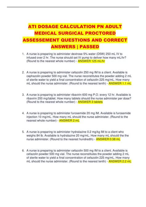 ATI DOSAGE CALCULATION PN ADULT MEDICAL SURGICAL PROCTORED ASSESSEMENT