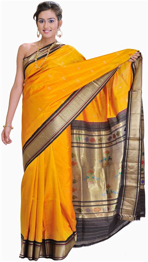 Mineral Yellow Paithani Sari With Hand Woven Peacocks On Aanchal