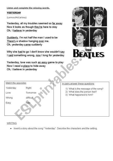 The Beatles-Yesterday - ESL worksheet by gime24