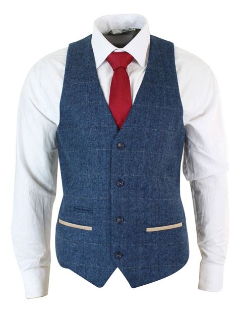 Mens Herringbone Tweed Vintage Check Waistcoat Velvet Trim Blue Brown