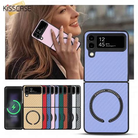 Kisscase For Samsung Z Flip 4 Flip3 5g Case Slim Carbon Fiber Pattern Leather For Magsafe