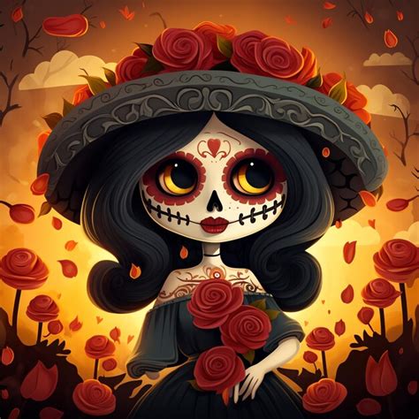 Chibi Catrina Mexicain Dia De Muertos Jour Du Motif Aquarelle Mort