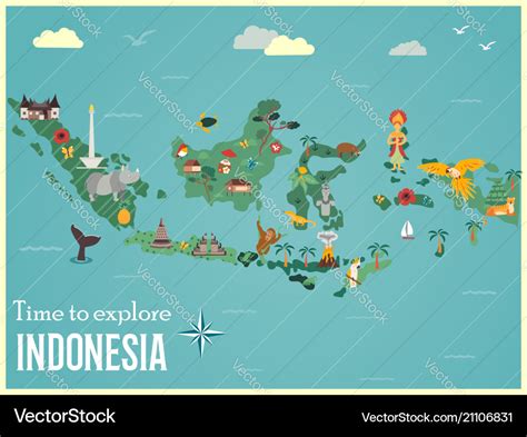 Indonesian Map With Animals And Landmarks Vector Image