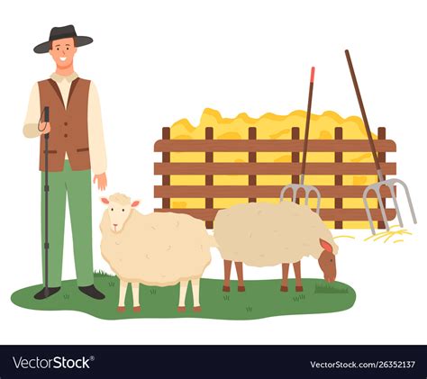 Agriculture Man Farming Sheep Farm Farmer Vector Image