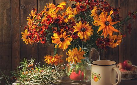 Still Life With Flowers Mugs Apples Vase Bouquet HD Wallpaper Peakpx