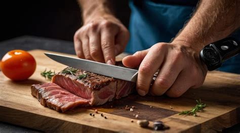 Premium Photo A Chef Cuts Meat On A Cutting Board