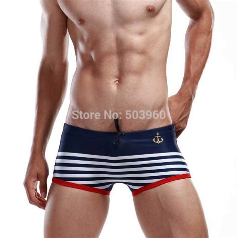 Best Wholesale Mens Swimwear Sexy Swimsuits Square Cut Boxer Sunga Swimming Trunk Navy Sailor