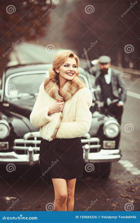 Woman In Fur Coat And Bearded Man Retro Collection Car And Auto Repair