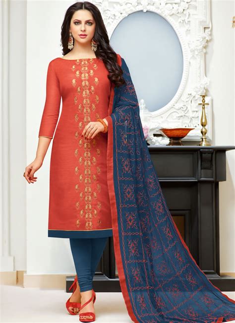 Shop Embroidered Rust Churidar Suit Online 96497