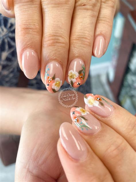 Nude Nails With Freehand Flower Art