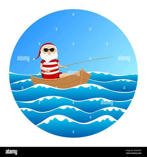 Santa Claus Fishing On Boat In Ocean Vector Illustration Stock Vector