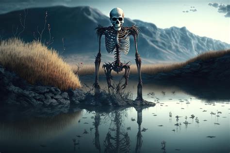 Premium Photo | Evil dead skeleton climbs out of pond of the swamp ...