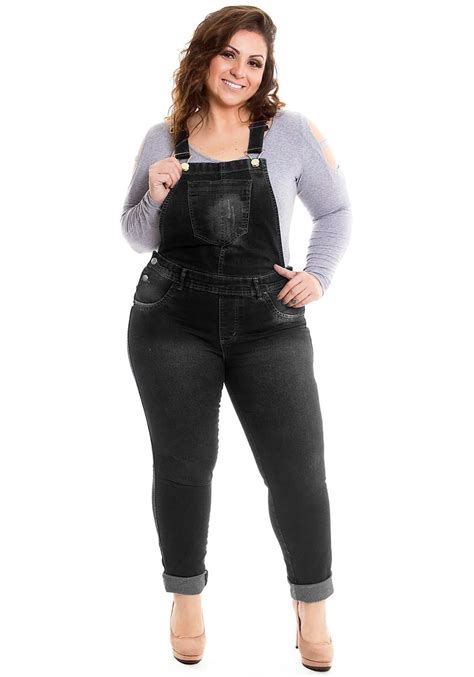 Jardineira Jeans Longa Plus Size Azul E Preta