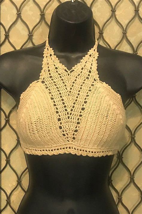 Crochet Bralette Crochet Halter Top Peach Nude High Neck Etsy Top