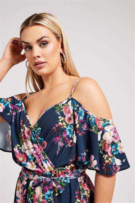 YOURS LONDON Plus Size Navy Blue Floral Print Cold Shoulder Top Yours