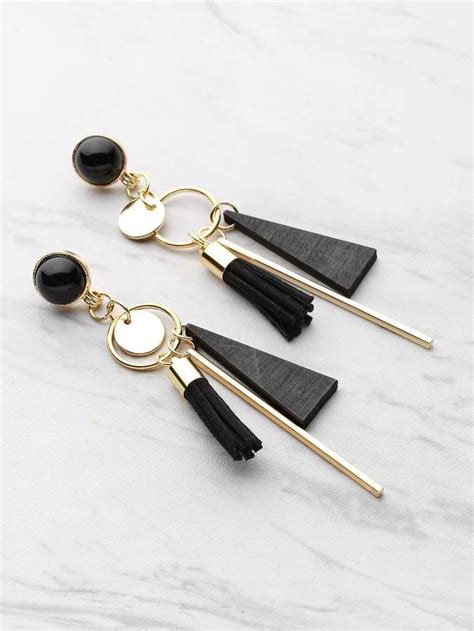 Shein Triangle And Tassel Detail Drop Earrings With Gemstone Fashion