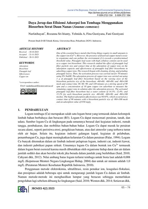 Pdf Daya Jerap Dan Efisiensi Adsorpsi Ion Tembaga Menggunakan