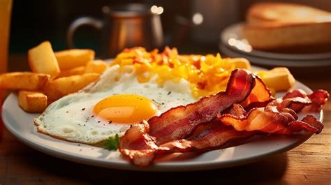 Premium Photo Breakfast With Bacon Eggs And Home Fries On Big Plate