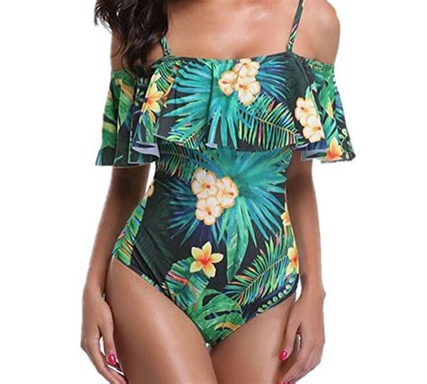 Off Shoulder One Piece Swimsuit Women Sexy Ruffle Floral Print Swimsui