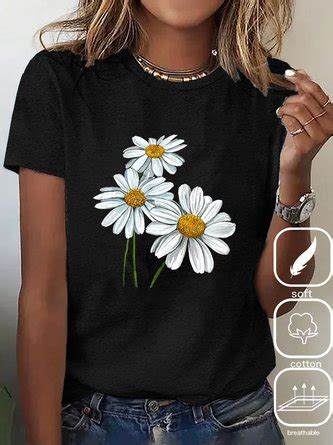 Casual Daisy Crew Neck Short Sleeve T Shirt Noracora