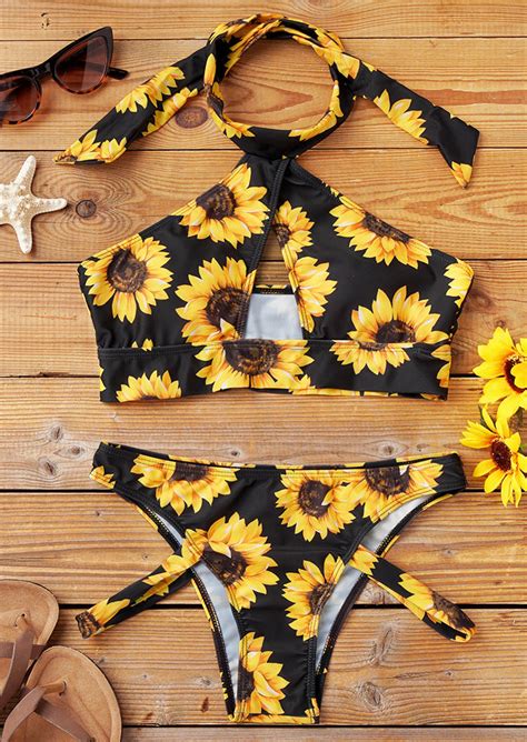 Sunflower Hollow Out Halter Bikini Set Black Bellelily