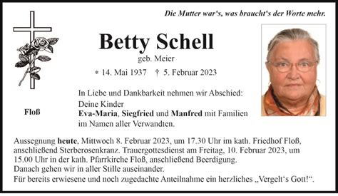 Traueranzeige Betty Schell Floß OberpfalzECHO