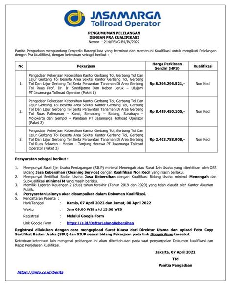Pengumuman Pelelangan Dengan Prakualifikasi Pt Jasamarga Tollroad