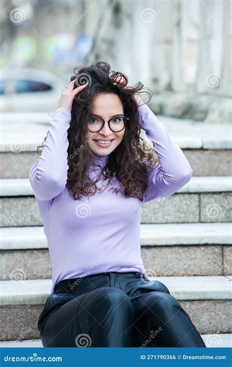 Beautiful Young Woman With Brunette Curly Hair Portrait In Eye Glasses